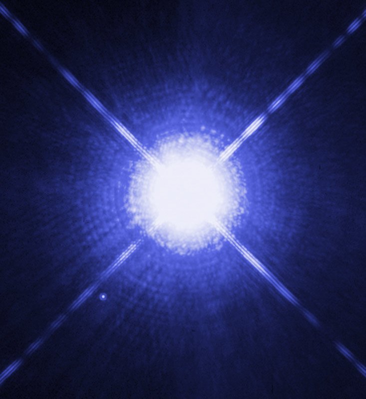 Sirius A appears as a bright blue-white source with diffraction spikes; faint Sirius B is the small point below and to the left.