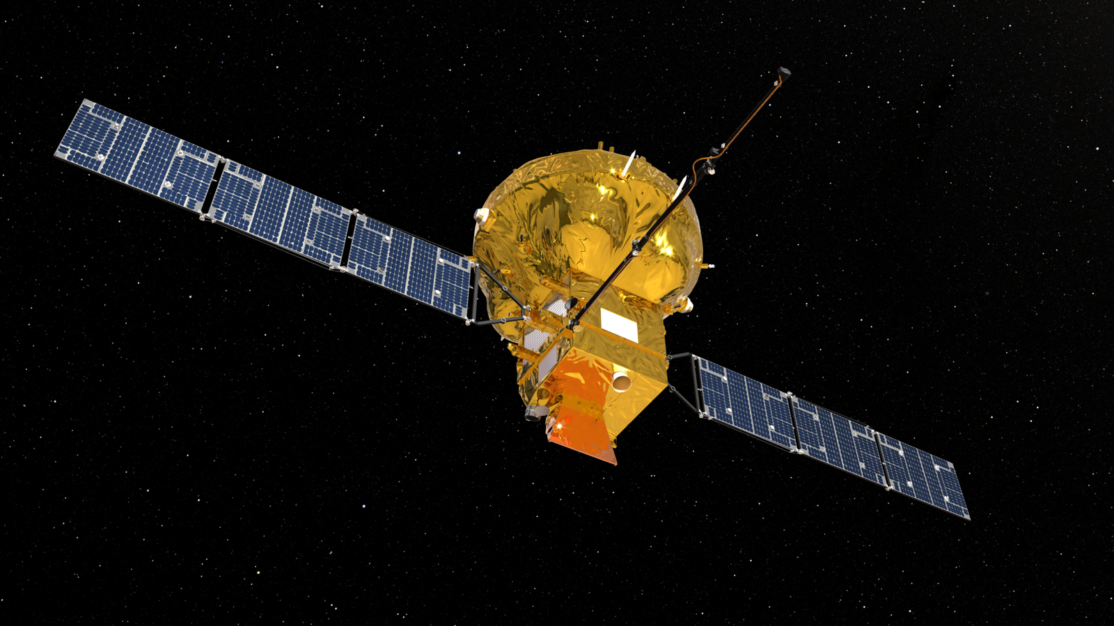 Official artist’s impression of the gold Smile spacecraft with long blue solar panels and an extended instrument boom against a star field.