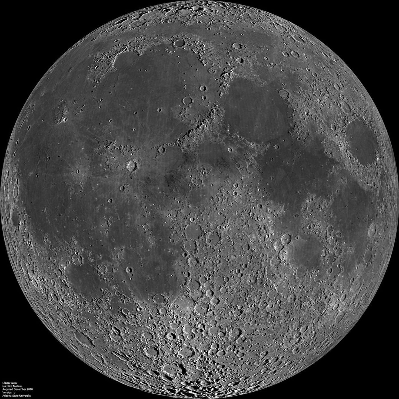 Grayscale mosaic of the Moon’s near side shows dark maria, brighter highlands and many craters against black space.
